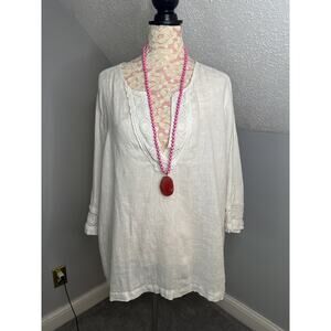 EUC Sigrid Olsen 100% Linen V-Neck Top Crochet at Neck Sleeves White Sz 2X